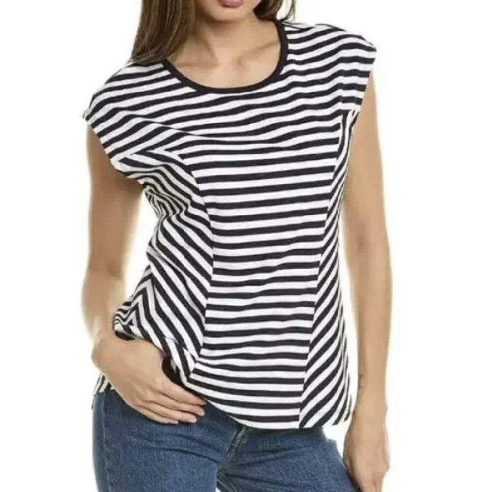 Cabi Illusion T-Shirt Size XS White Black Stripe Cap Sleeve Pullover Stretch